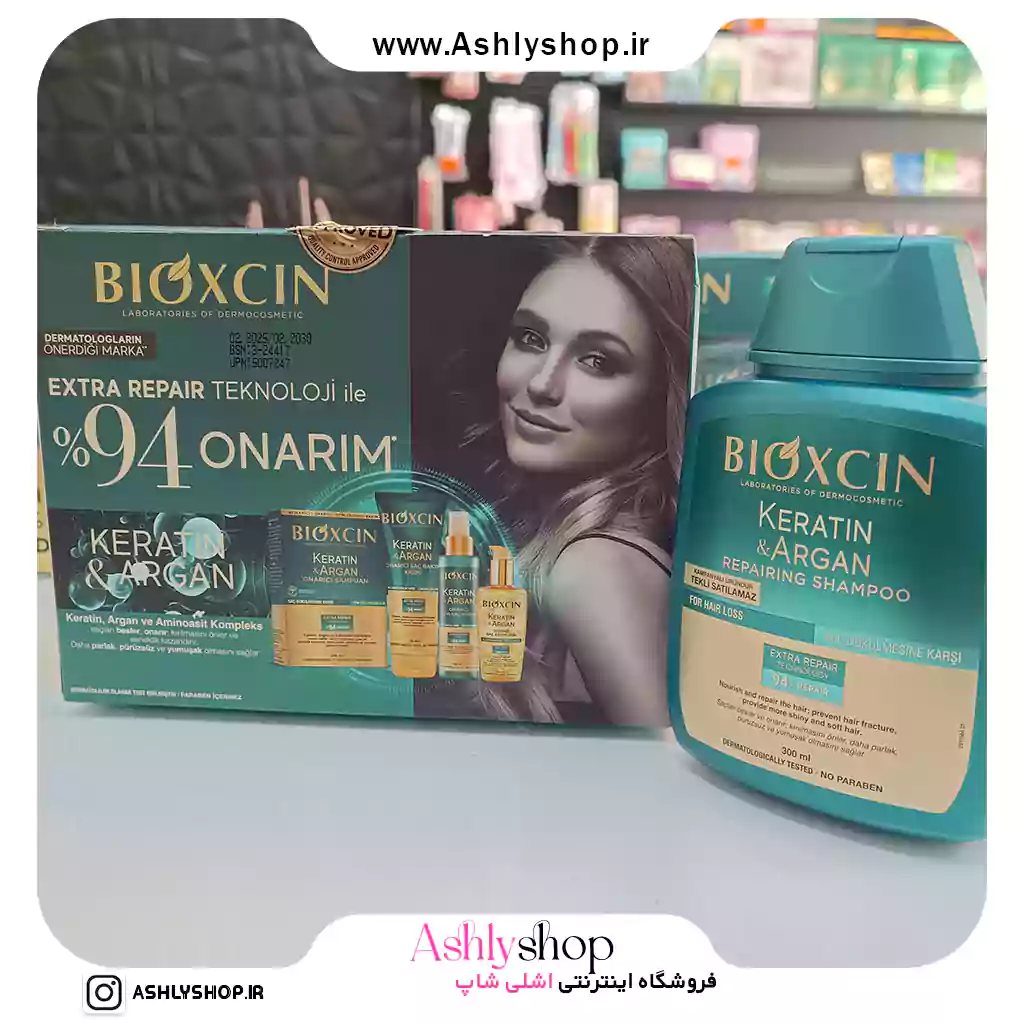 شامپو بیوکسین کراتین و جعبه محصول