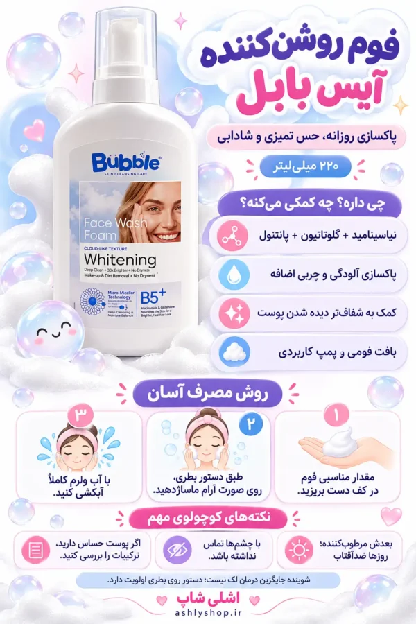 فوم شستشو روشن‌کننده صورت آیس بابل ۲۲۰ میلی‌لیتر، نمای جلوی بطری